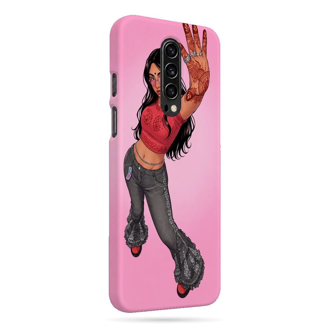 Mehendi Girl Full Pose 3D Print OnePlus 7T Pro Phone Case, right-side view; a full-length illustrated girl in flared gray trousers against a bright pink background