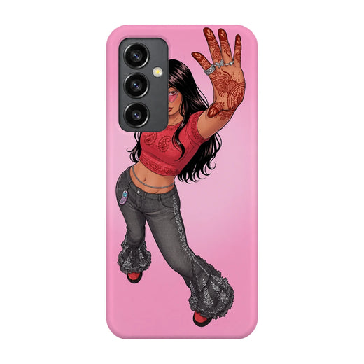 Mehendi Girl Full Pose 3D Print Samsung S23 FE Phone Case, back view; a full-length illustrated girl in flared gray trousers against a bright pink background