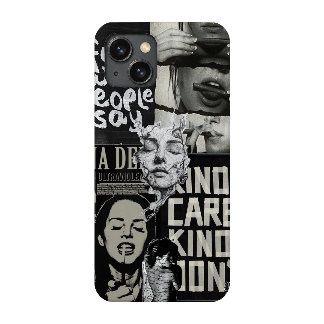 Monochrome Statue Collage 3D Print iPhone 15 Plus Phone Case, back view; classical portrait sculpture and bold lettering in a black-and-white collage