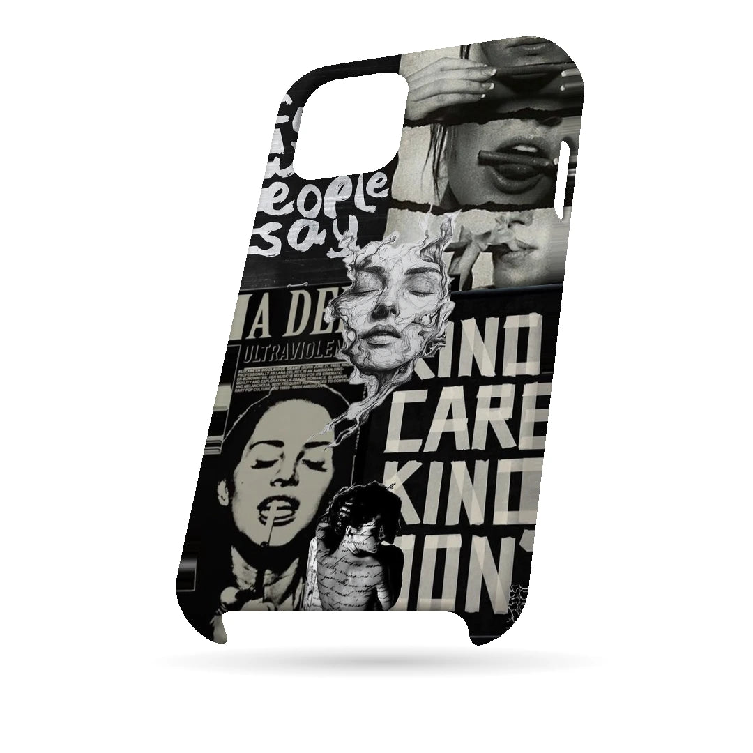 Monochrome Statue Collage 3D Print iPhone 15 Plus Phone Case, bottom view; classical portrait sculpture and bold lettering in a black-and-white collage