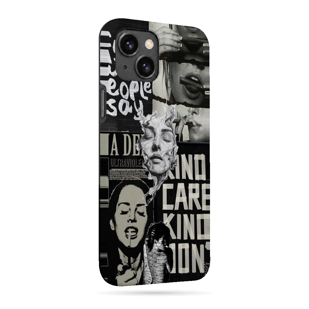 Monochrome Statue Collage 3D Print iPhone 15 Plus Phone Case, right-side view; classical portrait sculpture and bold lettering in a black-and-white collage