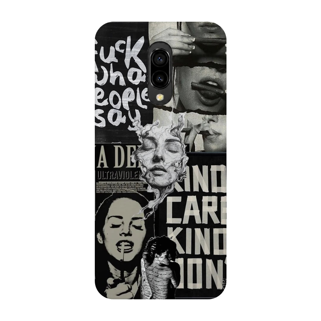 Monochrome Statue Collage 3D Print OnePlus 6T Phone Case, back view; classical portrait sculpture and bold lettering in a black-and-white collage