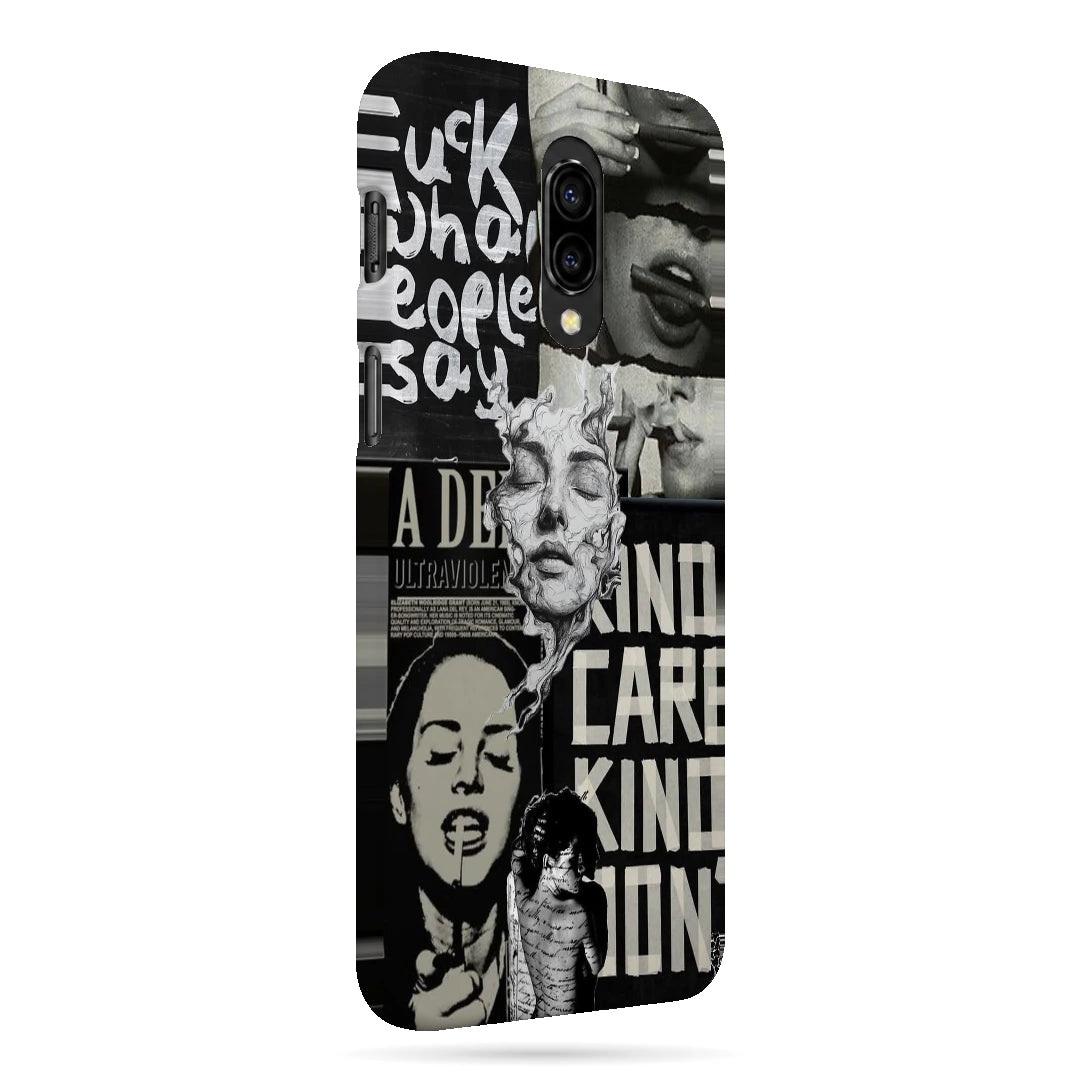 Monochrome Statue Collage 3D Print OnePlus 6T Phone Case, right-side view; classical portrait sculpture and bold lettering in a black-and-white collage