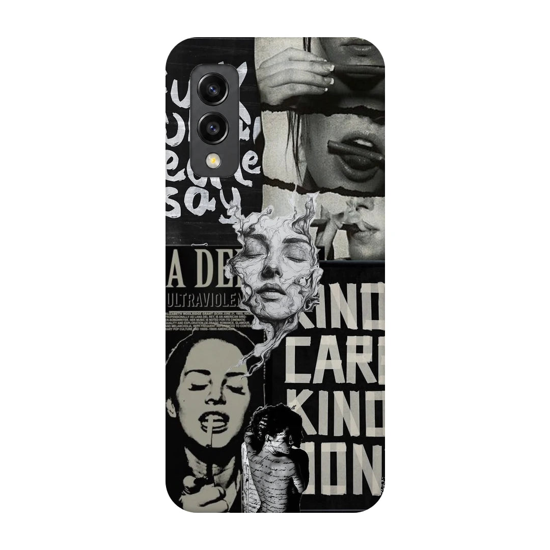 Monochrome Statue Collage 3D Print Samsung M02 Phone Case, back view; classical portrait sculpture and bold lettering in a black-and-white collage