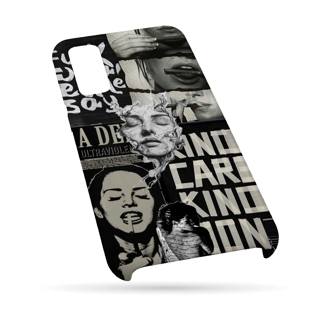 Monochrome Statue Collage 3D Print Samsung M02 Phone Case, bottom view; classical portrait sculpture and bold lettering in a black-and-white collage