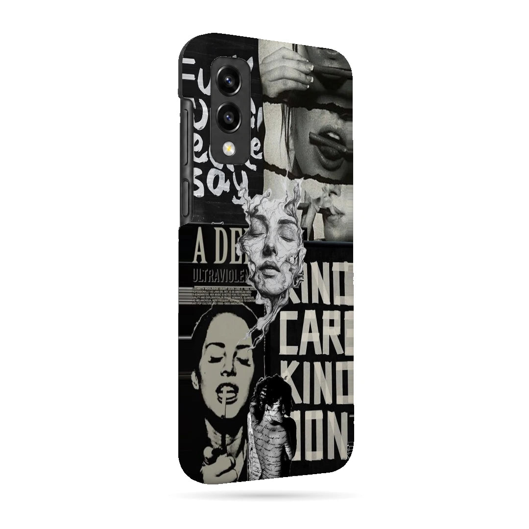 Monochrome Statue Collage 3D Print Samsung M02 Phone Case, right-side view; classical portrait sculpture and bold lettering in a black-and-white collage