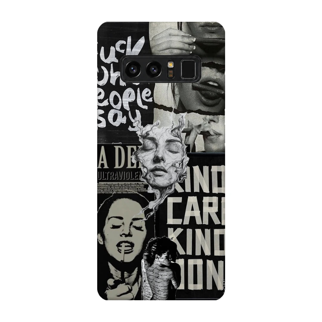 Monochrome Statue Collage 3D Print Samsung Note 8 Phone Case, back view; classical portrait sculpture and bold lettering in a black-and-white collage