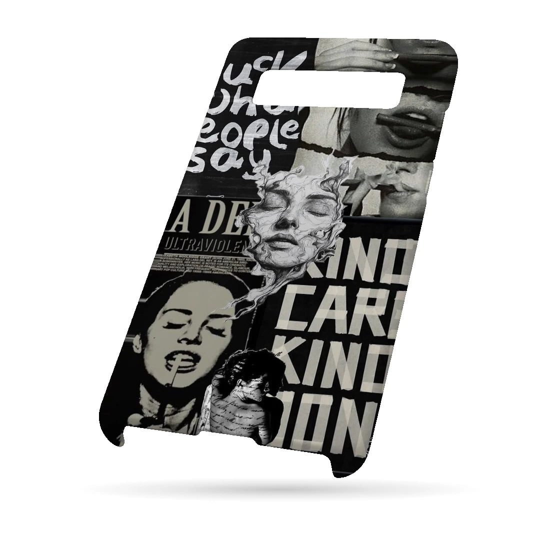 Monochrome Statue Collage 3D Print Samsung Note 8 Phone Case, bottom view; classical portrait sculpture and bold lettering in a black-and-white collage