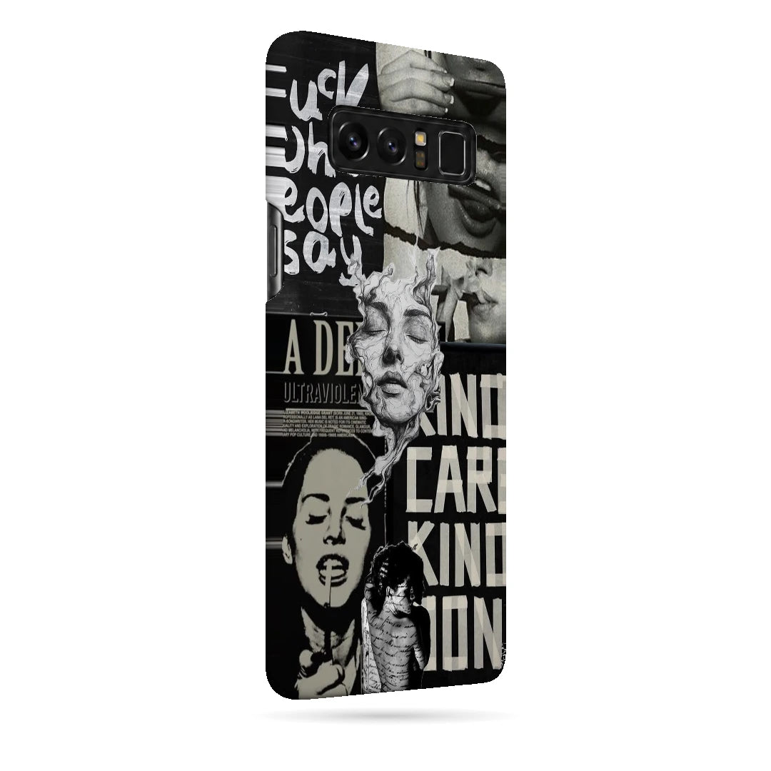 Monochrome Statue Collage 3D Print Samsung Note 8 Phone Case, right-side view; classical portrait sculpture and bold lettering in a black-and-white collage