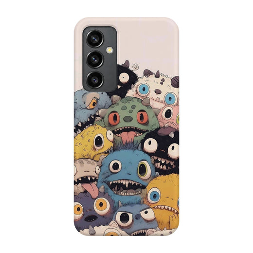 Monster Friends 3D Print Samsung S23 FE Phone Case, back view; a crowd of colorful, wide-eyed cartoon monsters on a pale background