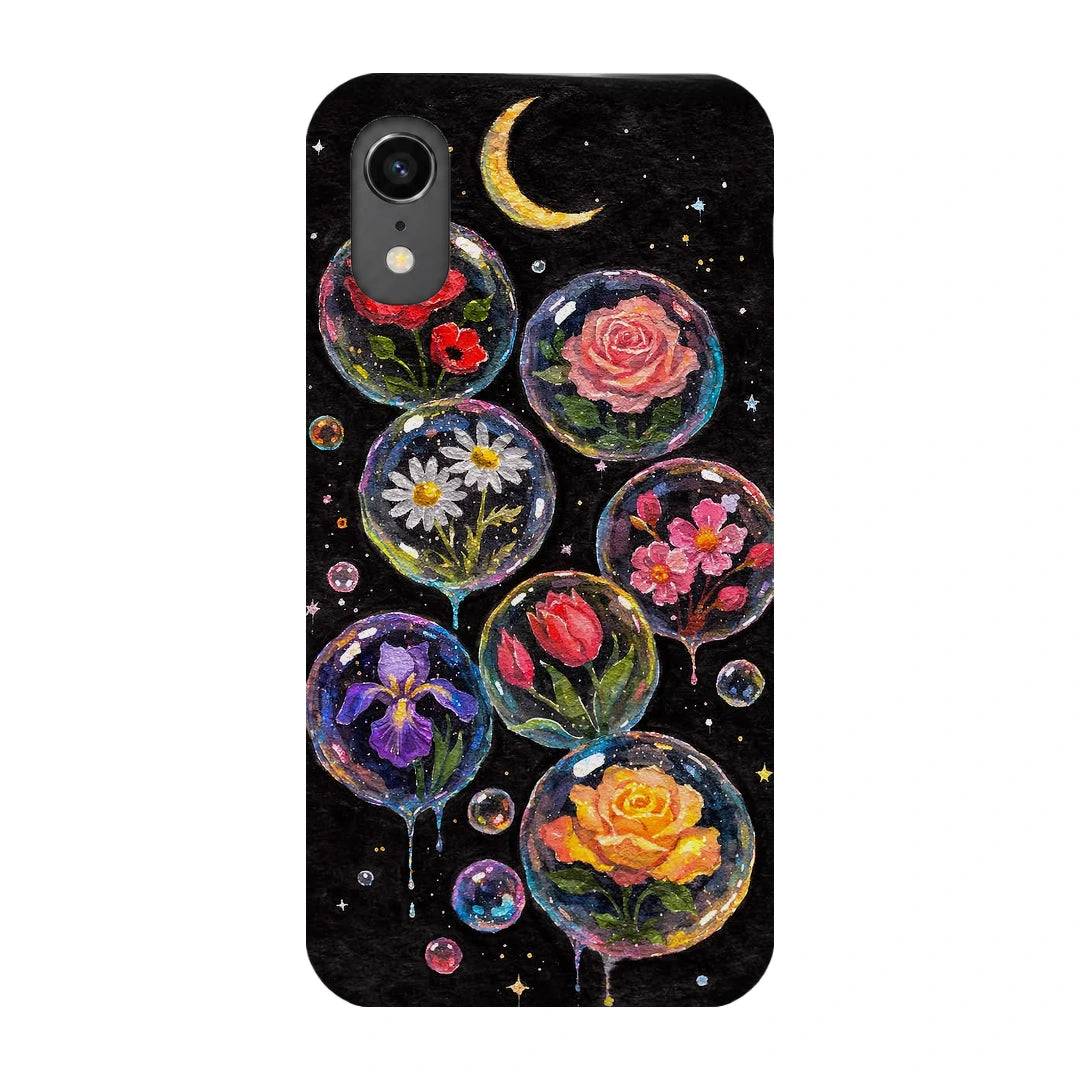 Moonlit Flower Bubbles 3D Print iPhone XR Phone Case, back view; colorful flowers inside translucent circles beneath a crescent moon