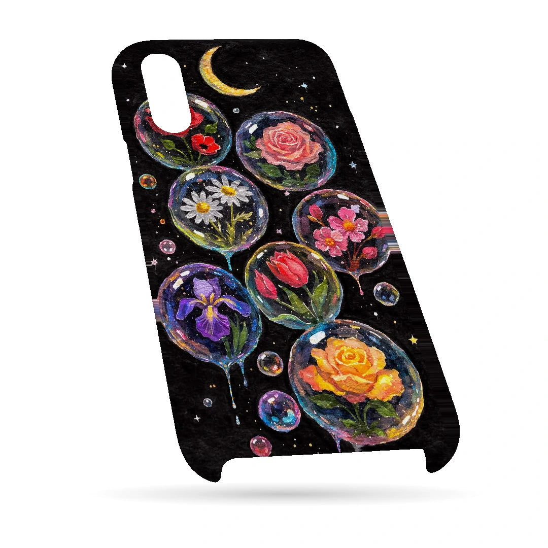 Moonlit Flower Bubbles 3D Print iPhone XR Phone Case, bottom view; colorful flowers inside translucent circles beneath a crescent moon