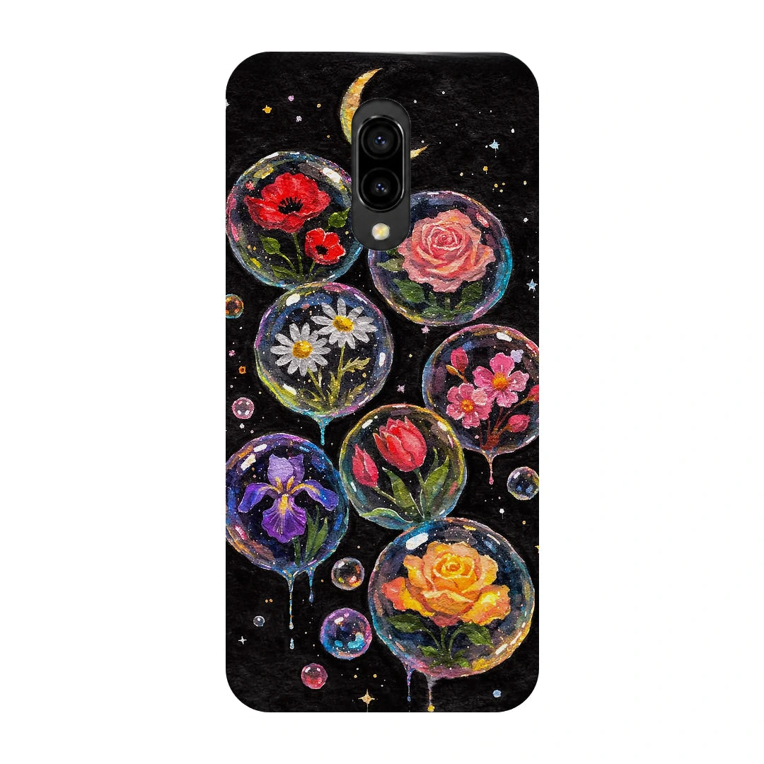 Moonlit Flower Bubbles 3D Print OnePlus 6T Phone Case, back view; colorful flowers inside translucent circles beneath a crescent moon