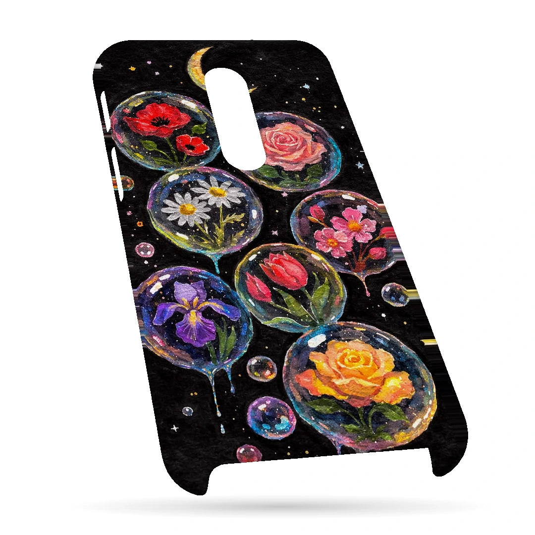 Moonlit Flower Bubbles 3D Print OnePlus 6T Phone Case, bottom view; colorful flowers inside translucent circles beneath a crescent moon