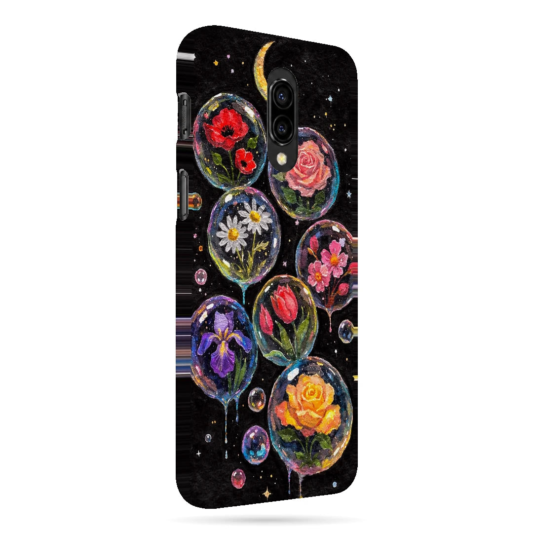 Moonlit Flower Bubbles 3D Print OnePlus 6T Phone Case, right-side view; colorful flowers inside translucent circles beneath a crescent moon