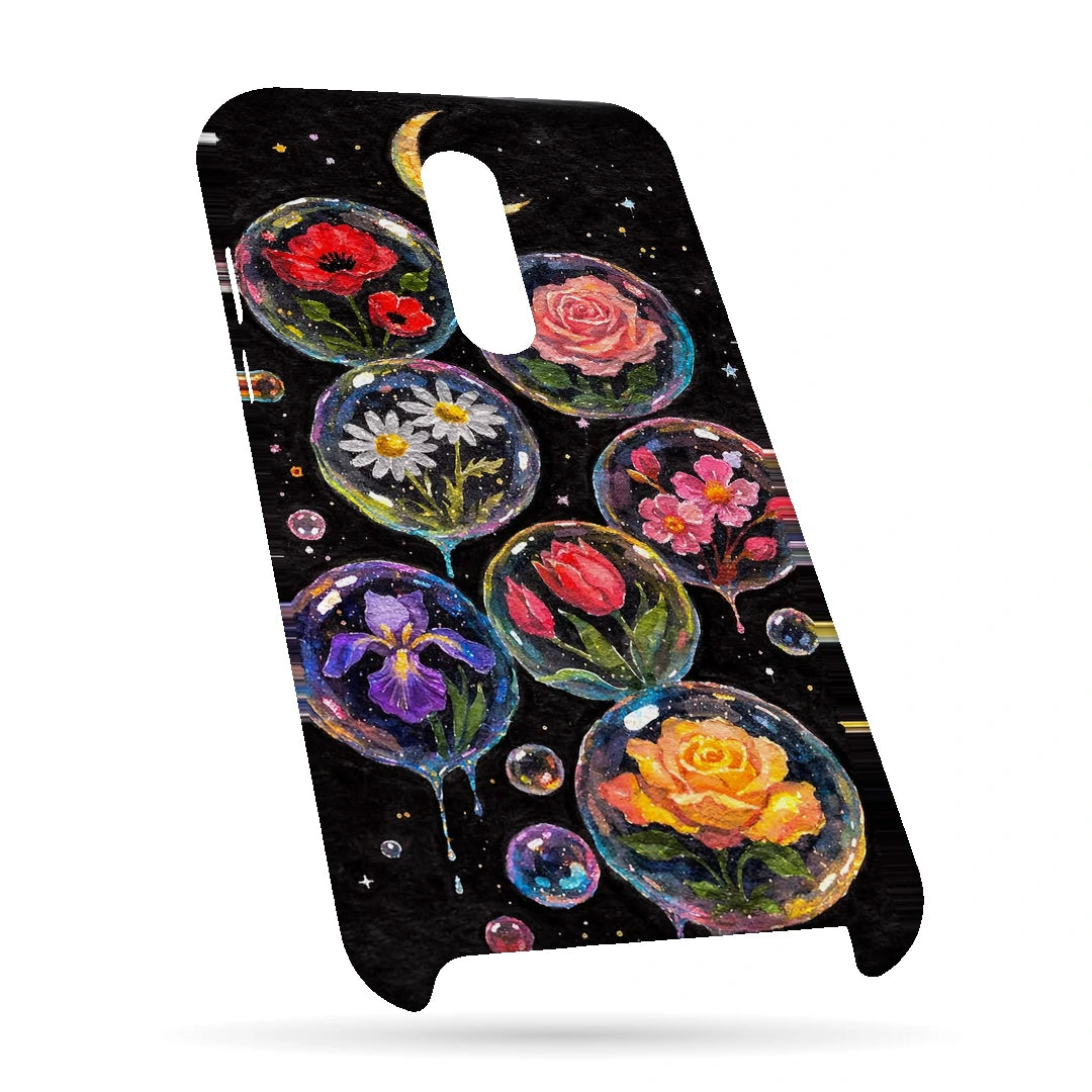 Moonlit Flower Bubbles 3D Print OnePlus 7 Phone Case, bottom view; colorful flowers inside translucent circles beneath a crescent moon