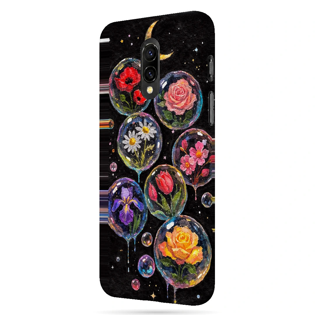 Moonlit Flower Bubbles 3D Print OnePlus 7 Phone Case, right-side view; colorful flowers inside translucent circles beneath a crescent moon