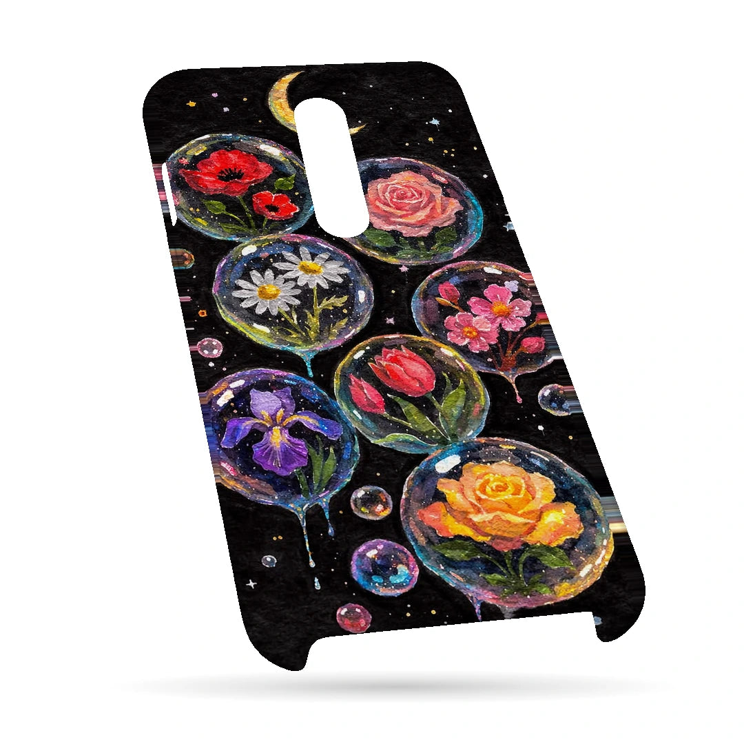 Moonlit Flower Bubbles 3D Print OnePlus 8 Phone Case, bottom view; colorful flowers inside translucent circles beneath a crescent moon