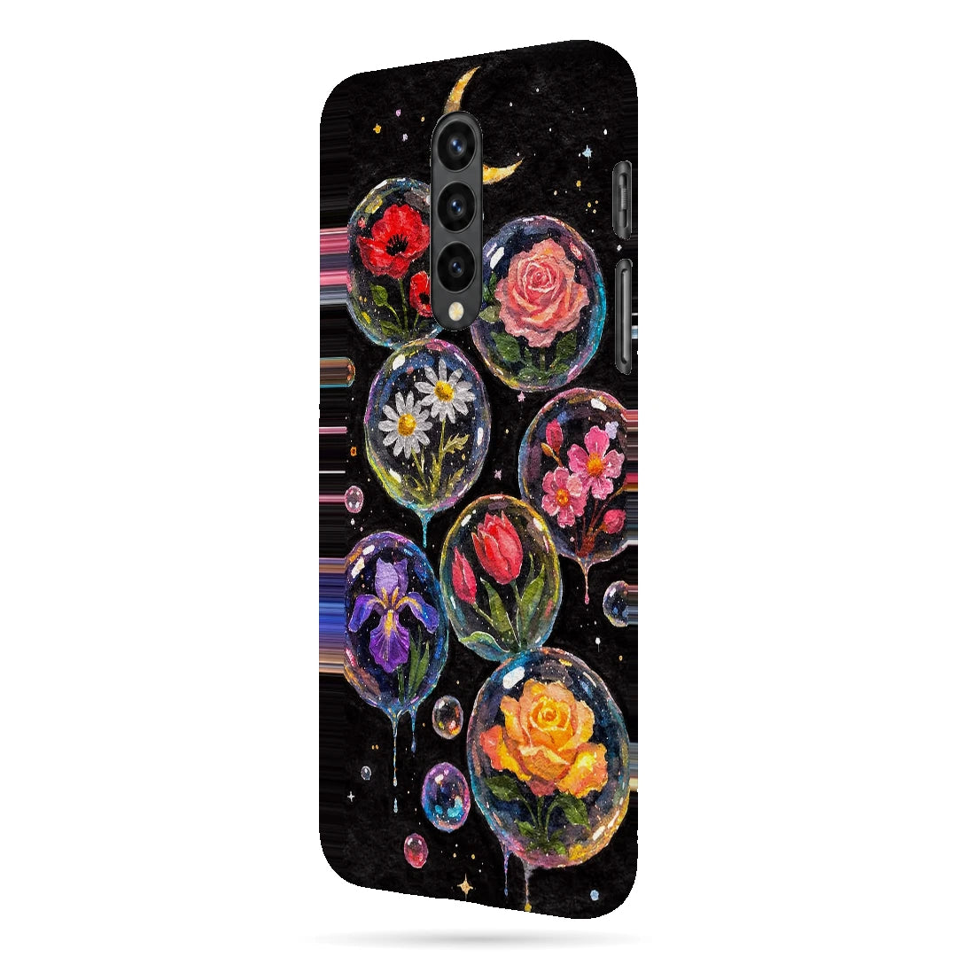 Moonlit Flower Bubbles 3D Print OnePlus 8 Phone Case, right-side view; colorful flowers inside translucent circles beneath a crescent moon