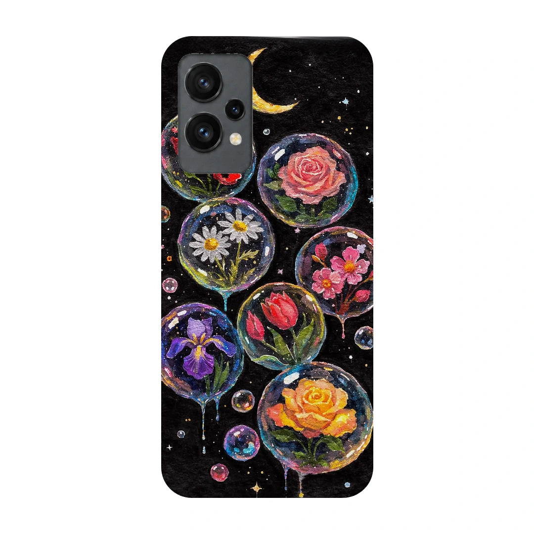 Moonlit Flower Bubbles 3D Print OnePlus 9RT Phone Case, back view; colorful flowers inside translucent circles beneath a crescent moon