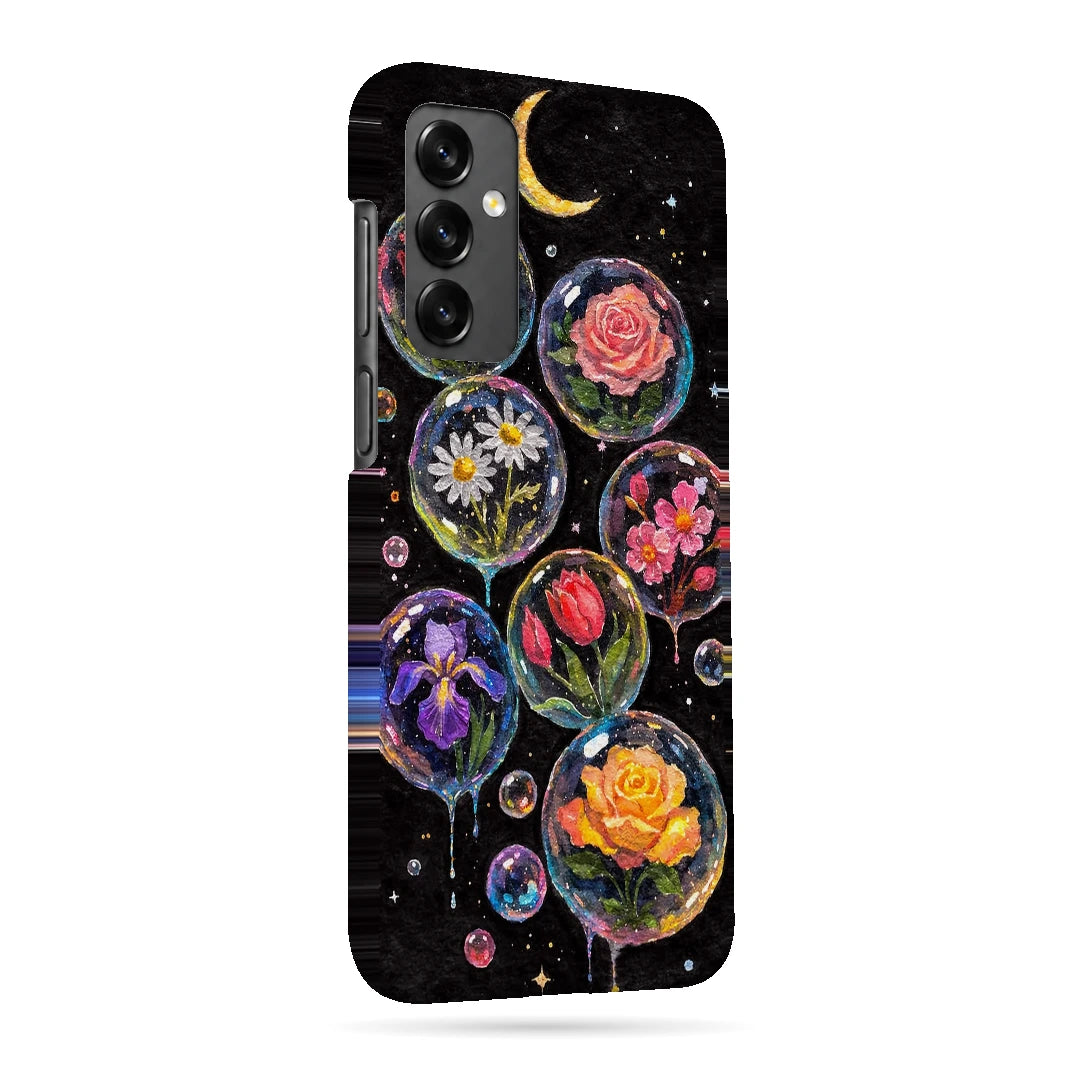 Moonlit Flower Bubbles 3D Print Samsung A13 5G Phone Case, right-side view; colorful flowers inside translucent circles beneath a crescent moon