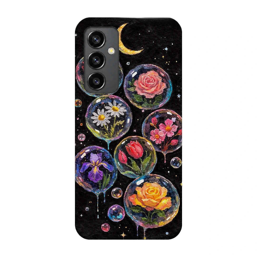 Moonlit Flower Bubbles 3D Print Samsung S23 FE Phone Case, back view; colorful flowers inside translucent circles beneath a crescent moon