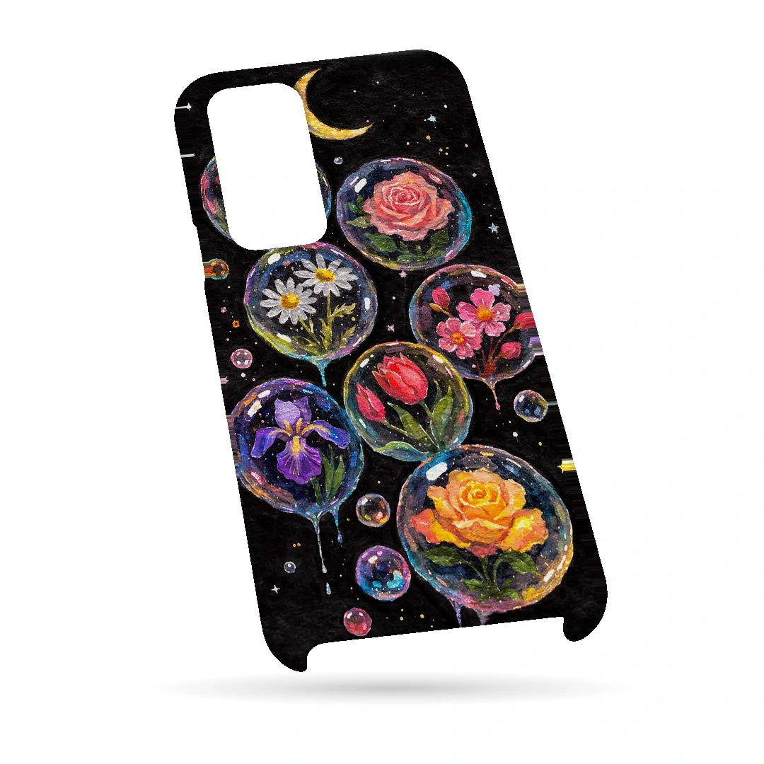 Moonlit Flower Bubbles 3D Print Samsung S23 FE Phone Case, bottom view; colorful flowers inside translucent circles beneath a crescent moon