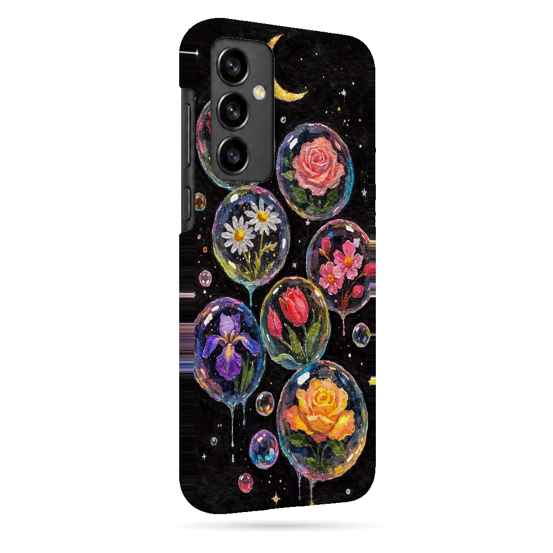 Moonlit Flower Bubbles 3D Print Samsung S23 FE Phone Case, right-side view; colorful flowers inside translucent circles beneath a crescent moon