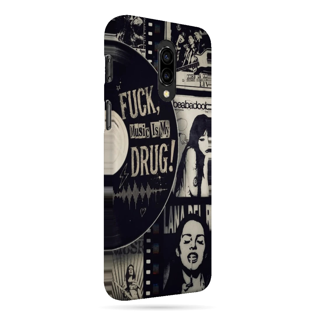 Music Is My Drug Collage 3D Print OnePlus 6T Phone Case, right-side view; black-and-white music portraits and Music Is My Drug poster lettering