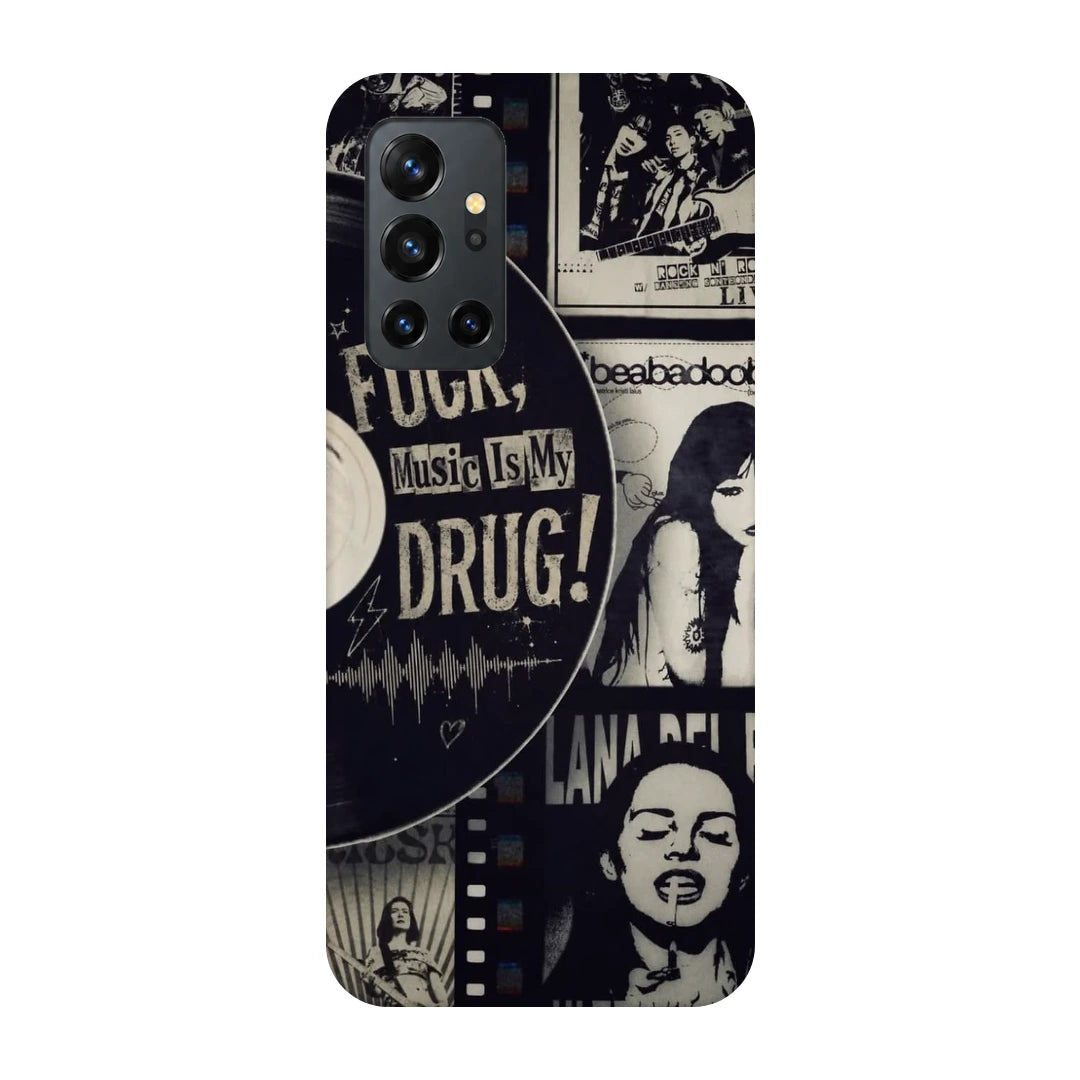 Music Is My Drug Collage 3D Print OnePlus 8T Phone Case, back view; black-and-white music portraits and Music Is My Drug poster lettering