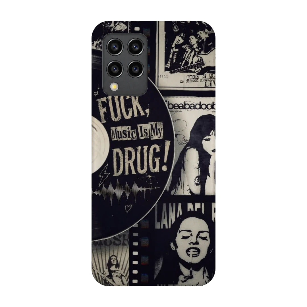Music Is My Drug Collage 3D Print Samsung F62 Phone Case, back view; black-and-white music portraits and Music Is My Drug poster lettering