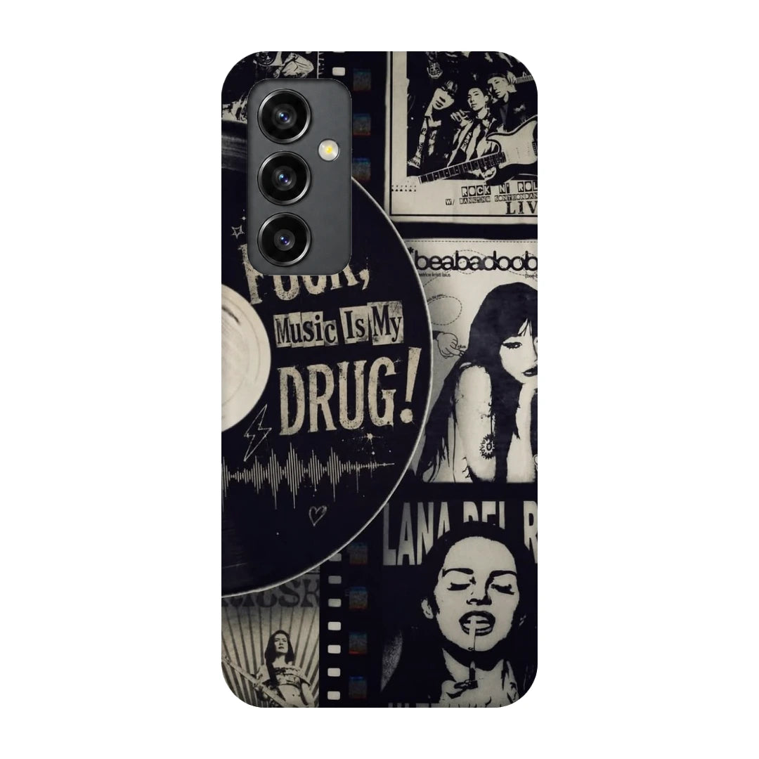 Music Is My Drug Collage 3D Print Samsung S23 FE Phone Case, back view; black-and-white music portraits and Music Is My Drug poster lettering