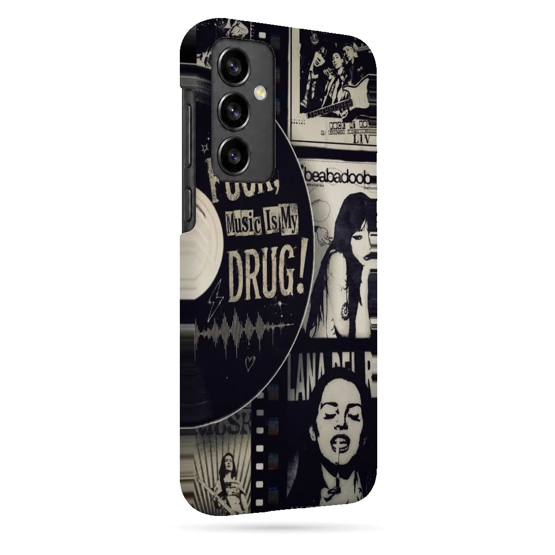Music Is My Drug Collage 3D Print Samsung S23 FE Phone Case, right-side view; black-and-white music portraits and Music Is My Drug poster lettering