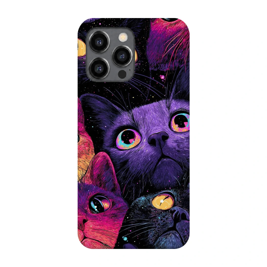 Neon Cat Faces 3D Print iPhone 13 Pro Max Phone Case, back view; close-up cat faces in vivid purple, pink and blue tones