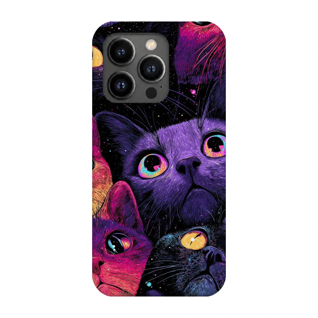 Neon Cat Faces 3D Print iPhone 13 Pro Phone Case, back view; close-up cat faces in vivid purple, pink and blue tones