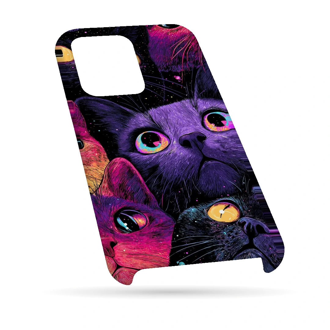 Neon Cat Faces 3D Print iPhone 13 Pro Phone Case, bottom view; close-up cat faces in vivid purple, pink and blue tones