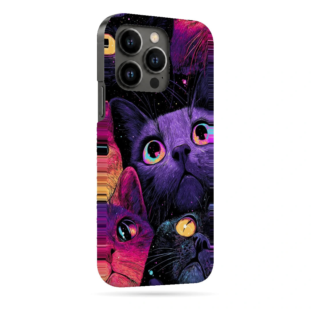 Neon Cat Faces 3D Print iPhone 13 Pro Phone Case, right-side view; close-up cat faces in vivid purple, pink and blue tones