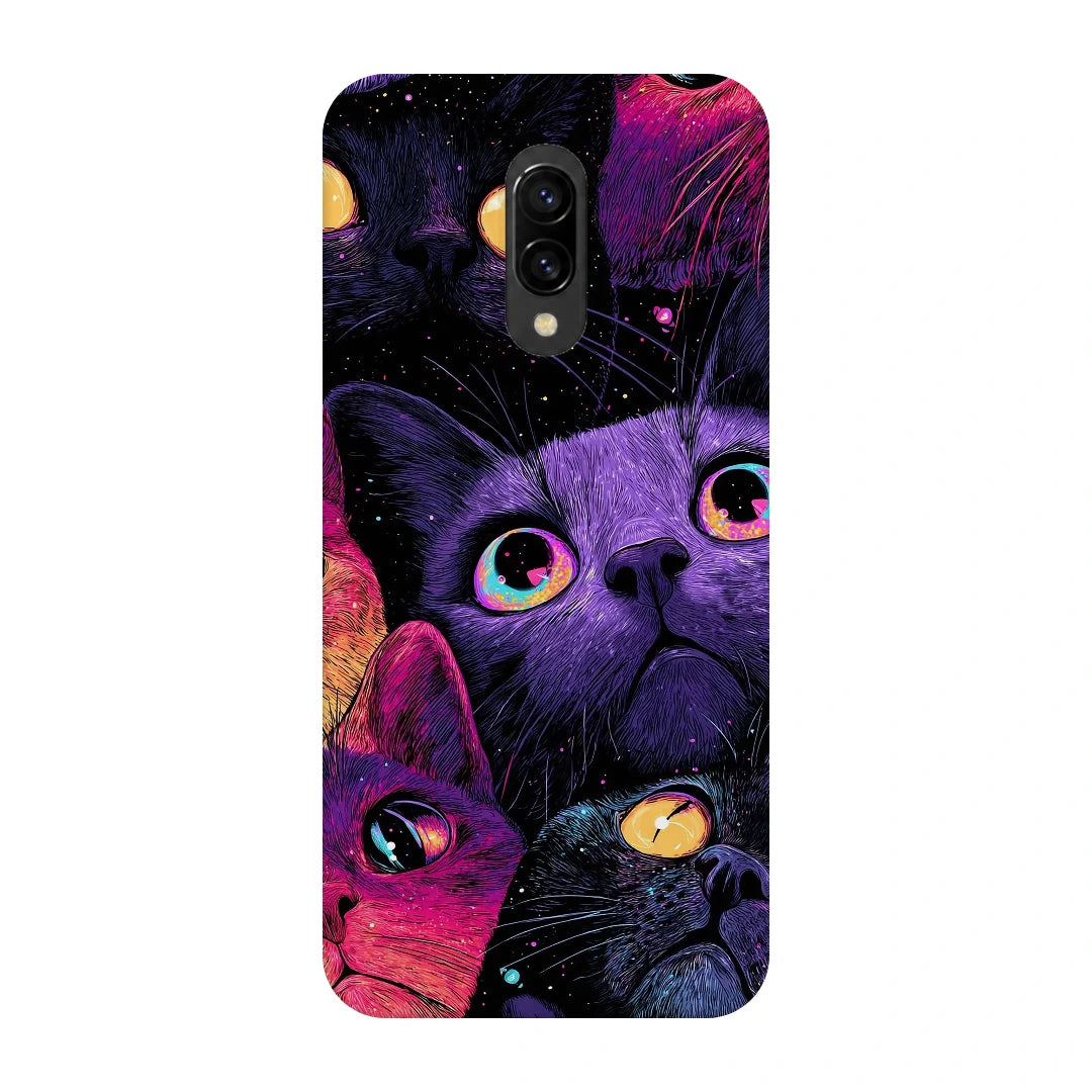 Neon Cat Faces 3D Print OnePlus 7 Phone Case, back view; close-up cat faces in vivid purple, pink and blue tones