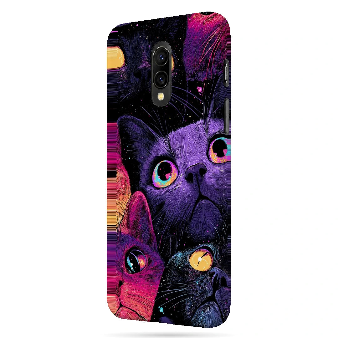 Neon Cat Faces 3D Print OnePlus 7 Phone Case, right-side view; close-up cat faces in vivid purple, pink and blue tones