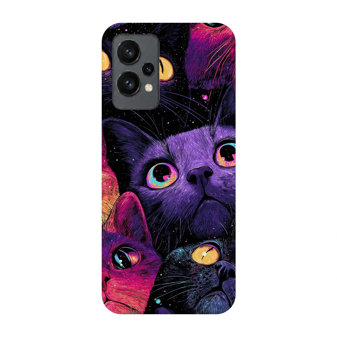 Neon Cat Faces 3D Print OnePlus 9RT Phone Case, back view; close-up cat faces in vivid purple, pink and blue tones