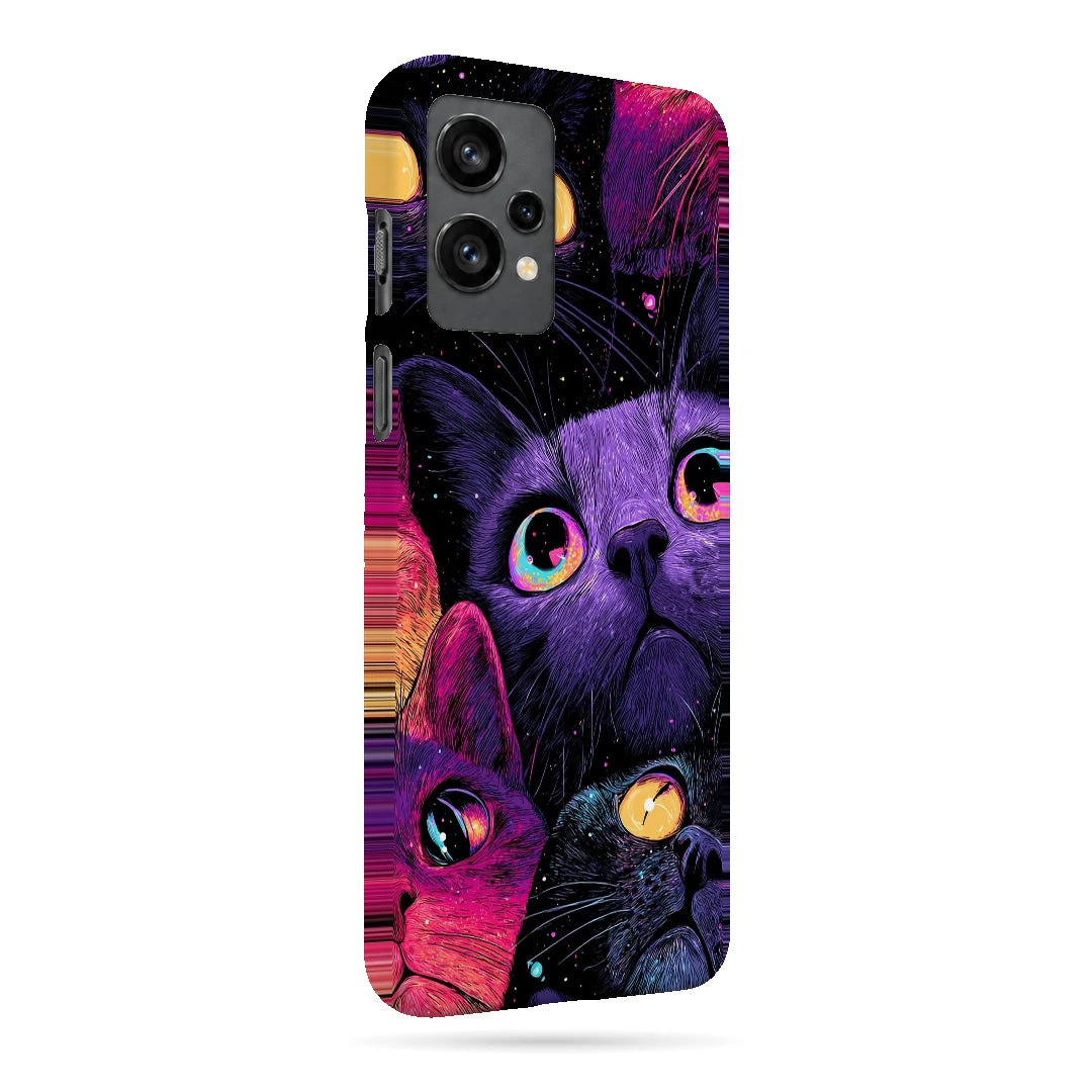 Neon Cat Faces 3D Print OnePlus 9RT Phone Case, right-side view; close-up cat faces in vivid purple, pink and blue tones