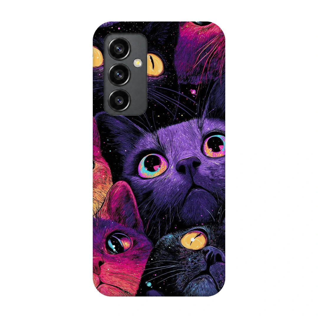 Neon Cat Faces 3D Print Samsung S23 FE Phone Case, back view; close-up cat faces in vivid purple, pink and blue tones