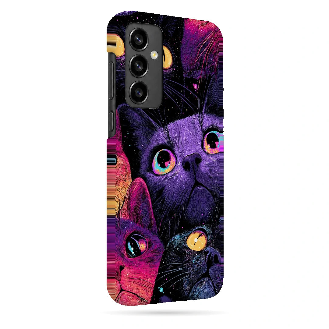 Neon Cat Faces 3D Print Samsung S23 FE Phone Case, right-side view; close-up cat faces in vivid purple, pink and blue tones
