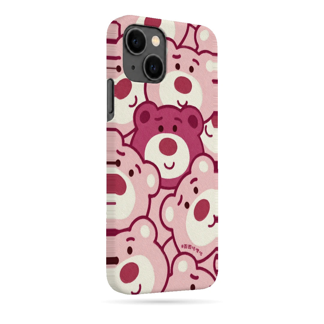 Pink Bear Pattern 3D Print iPhone 13 Phone Case, right-side view; repeating cream and pink cartoon bear faces in a playful all-over pattern