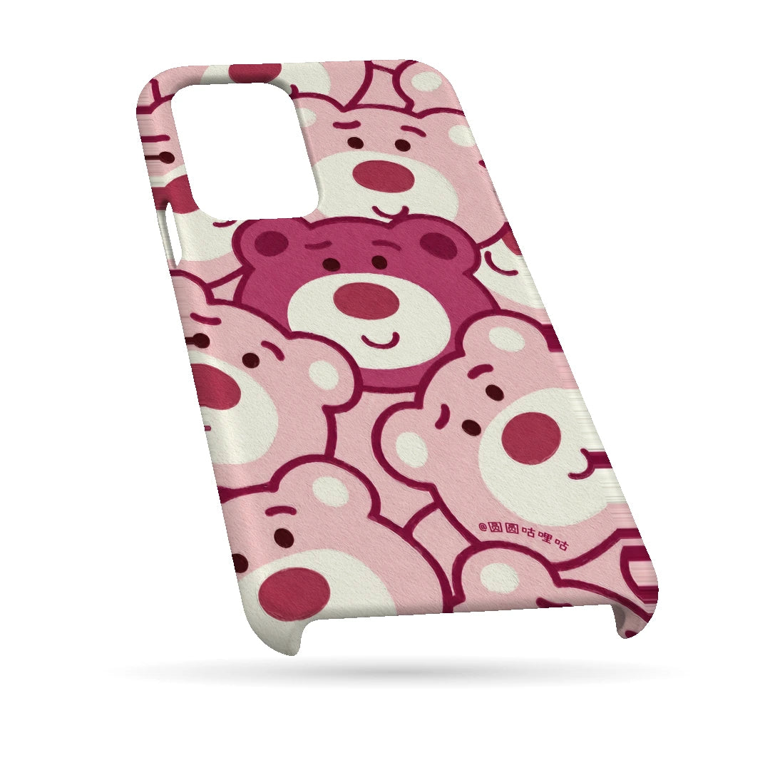 Pink Bear Pattern 3D Print iPhone 13 Pro Max Phone Case, bottom view; repeating cream and pink cartoon bear faces in a playful all-over pattern