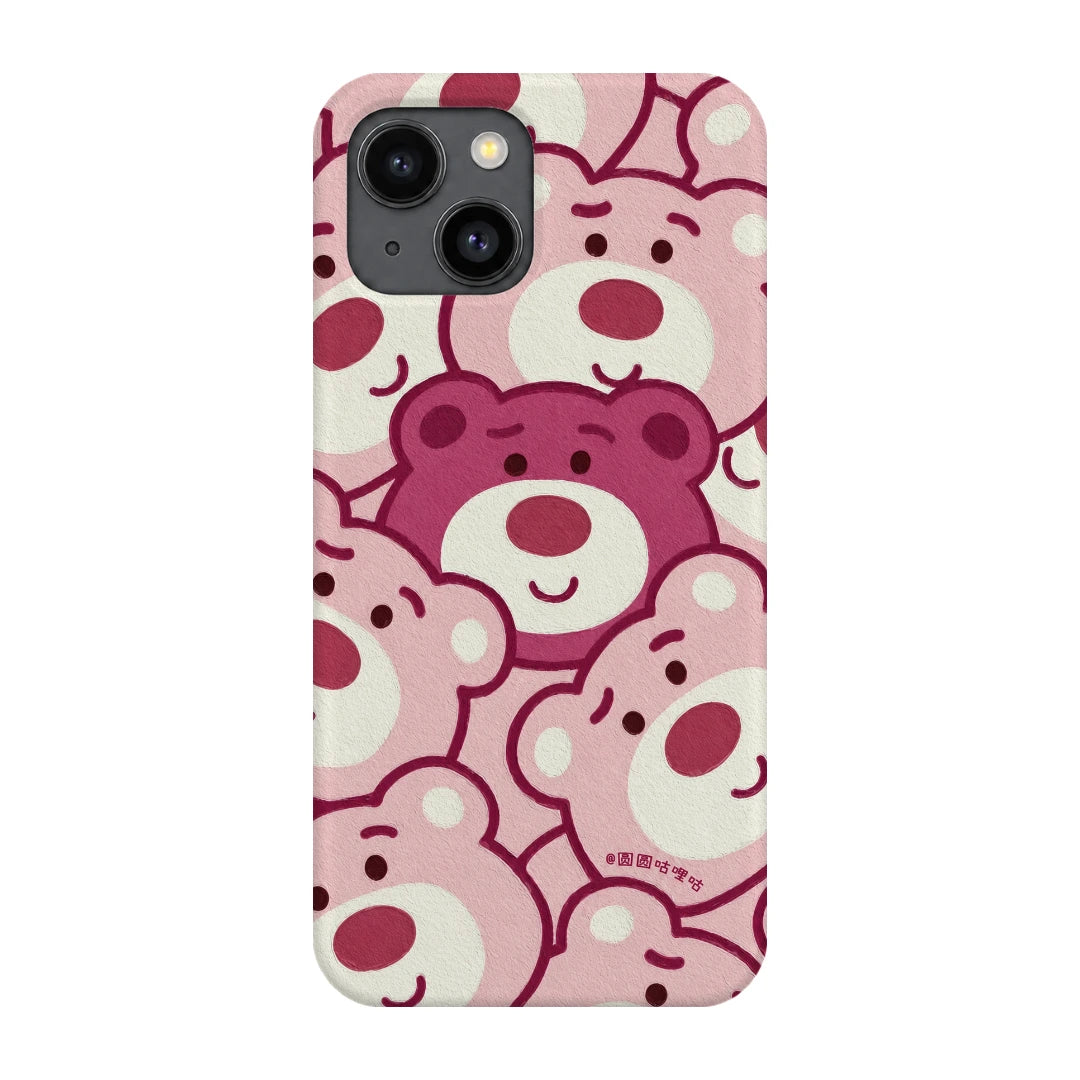 Pink Bear Pattern 3D Print iPhone 14 Phone Case, back view; repeating cream and pink cartoon bear faces in a playful all-over pattern