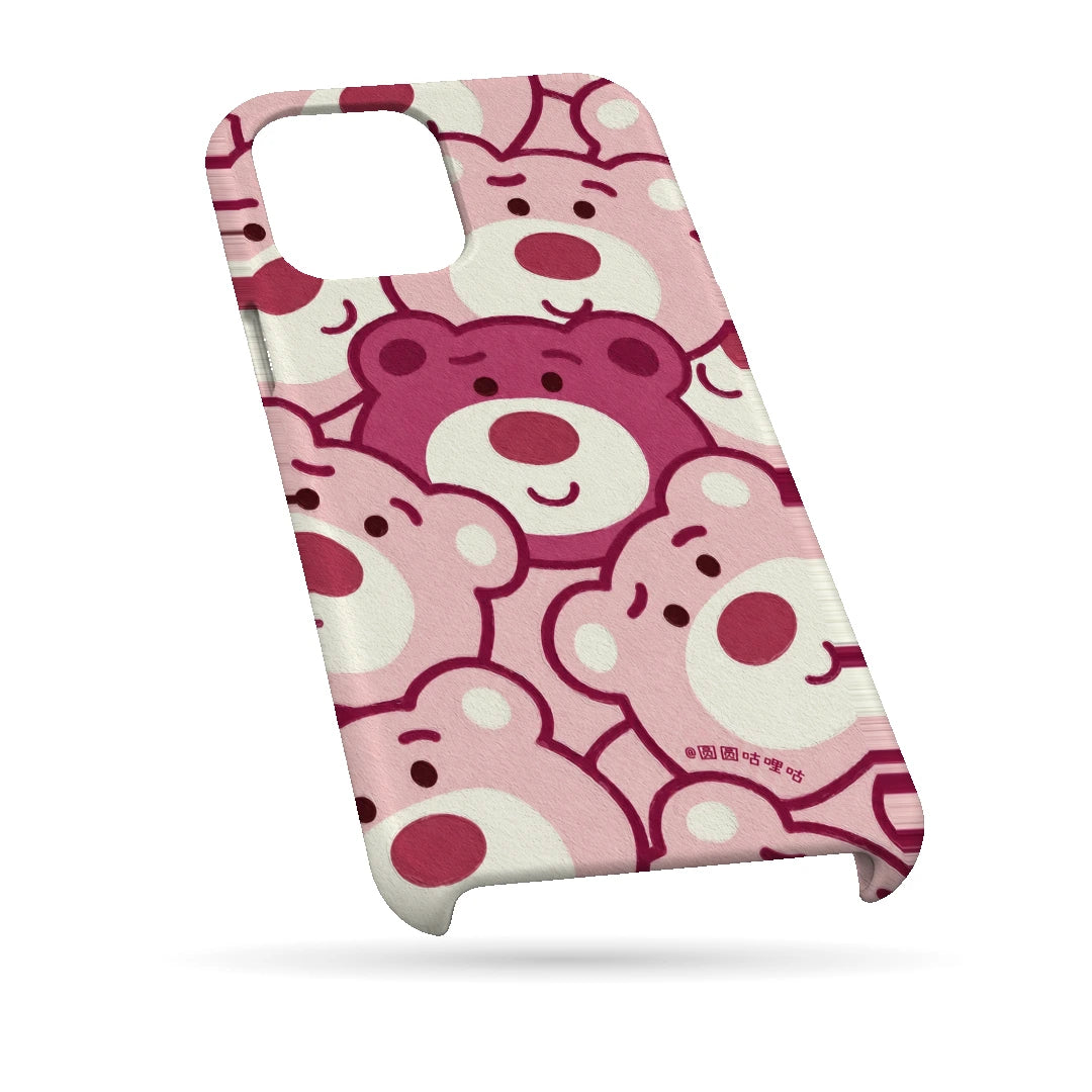 Pink Bear Pattern 3D Print iPhone 14 Phone Case, bottom view; repeating cream and pink cartoon bear faces in a playful all-over pattern