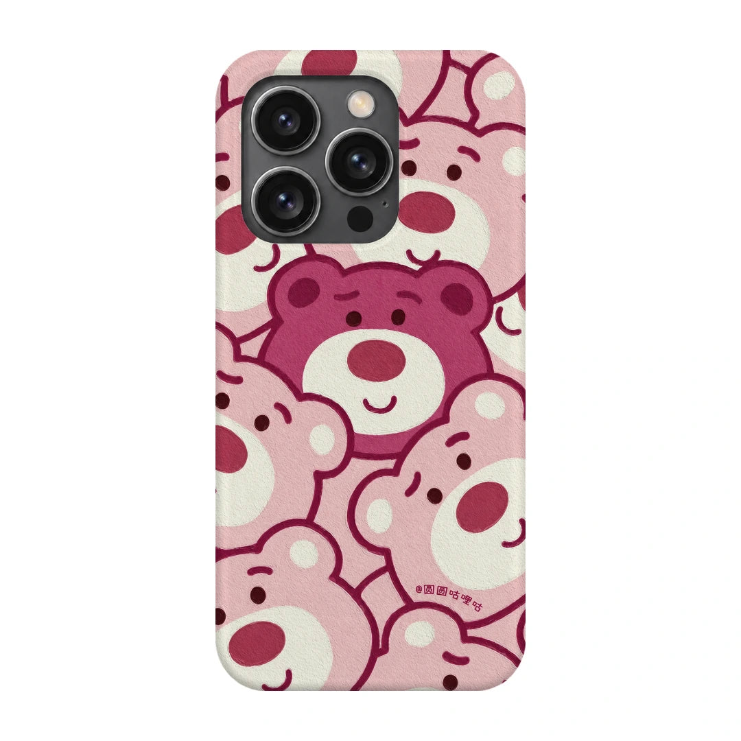 Pink Bear Pattern 3D Print iPhone 14 Pro Phone Case, back view; repeating cream and pink cartoon bear faces in a playful all-over pattern
