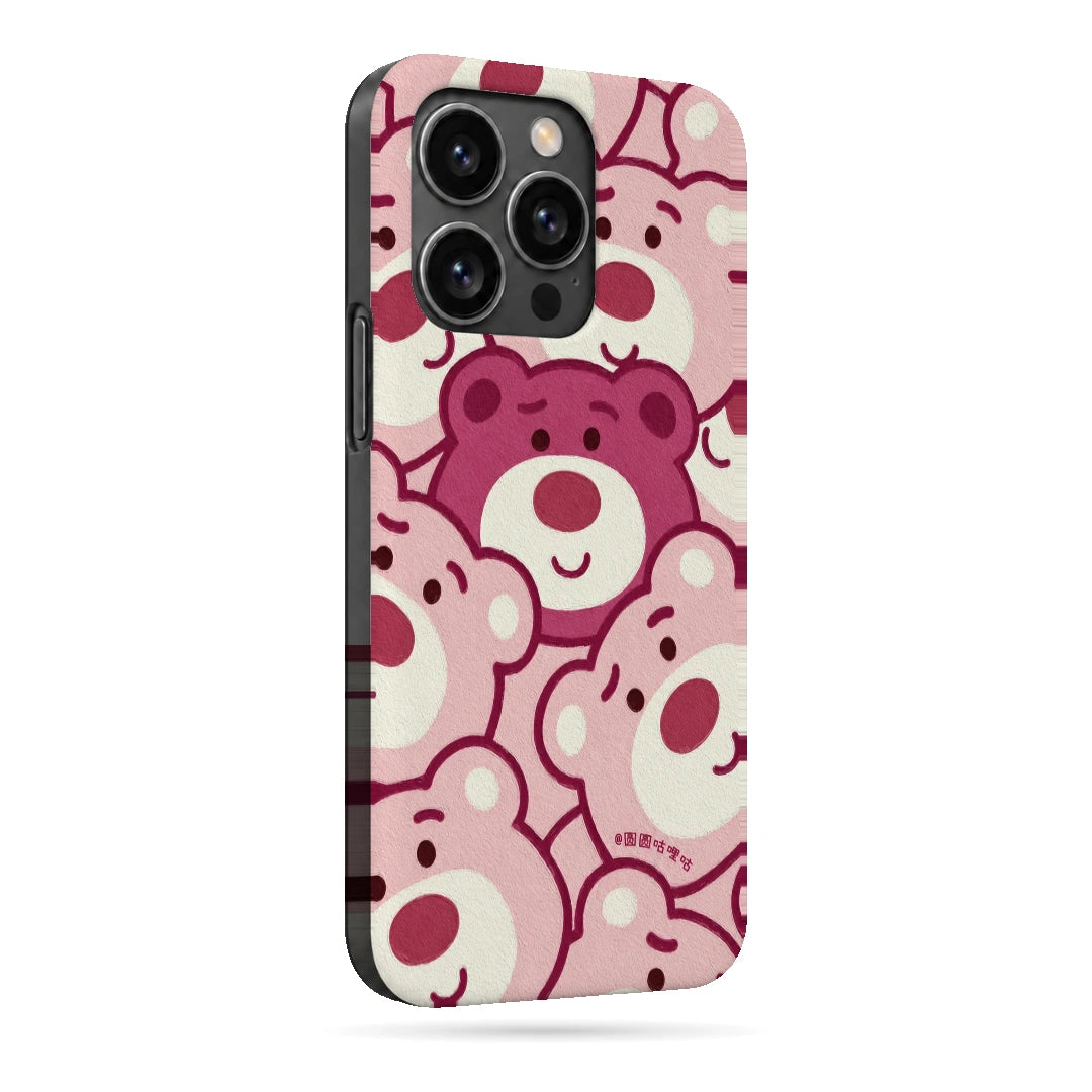 Pink Bear Pattern 3D Print iPhone 14 Pro Phone Case, right-side view; repeating cream and pink cartoon bear faces in a playful all-over pattern