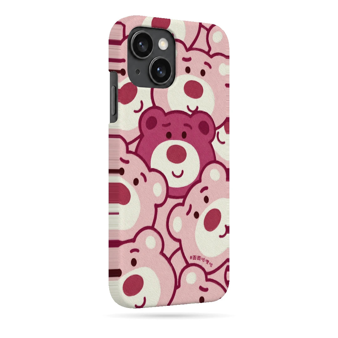 Pink Bear Pattern 3D Print iPhone 15 Phone Case, right-side view; repeating cream and pink cartoon bear faces in a playful all-over pattern
